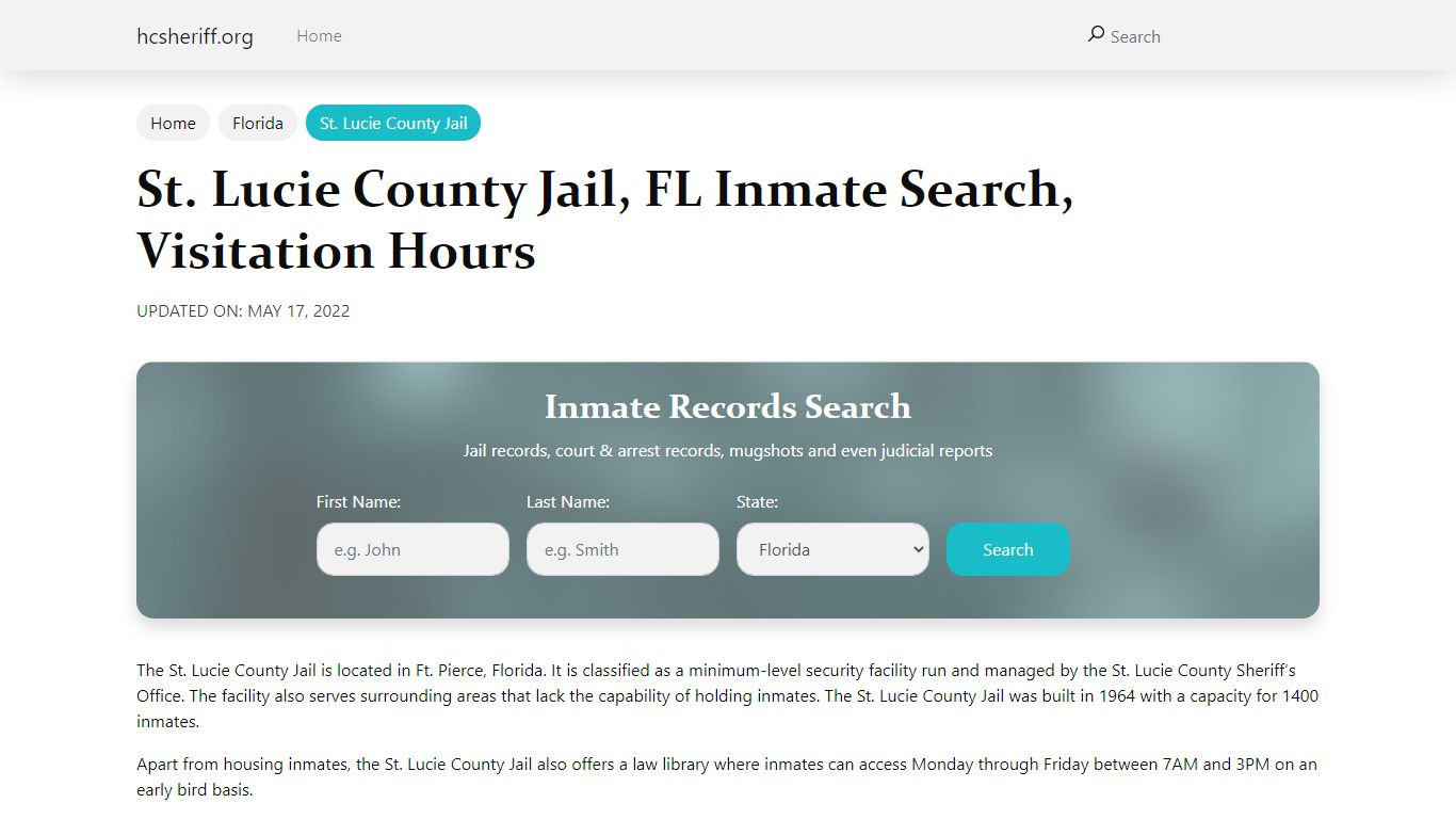 St. Lucie County Jail, FL Inmate Search, Visitation Hours
